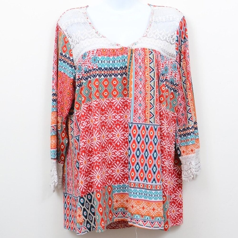 ROPER Lace Embellished Western Boho Tunic Blouse Size XL Lace‎ Pathwork Prairie